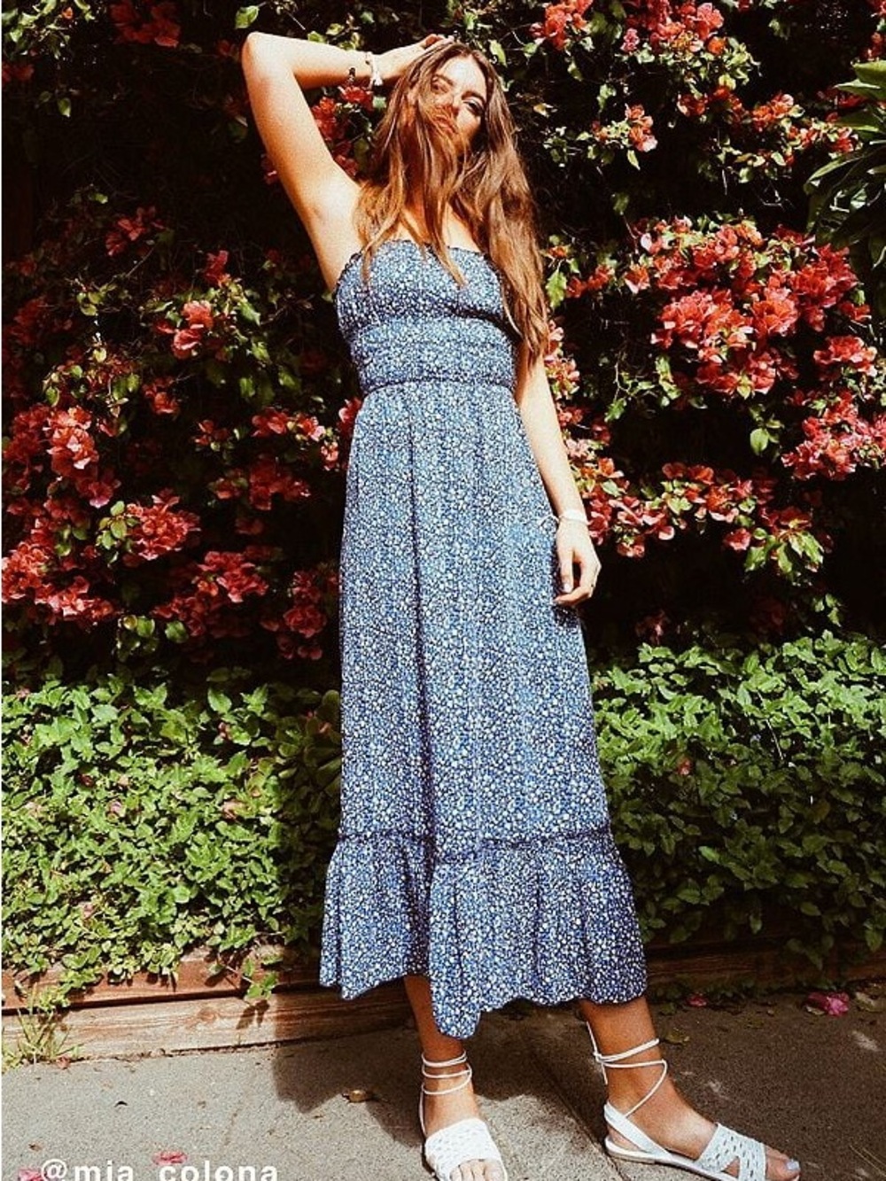 Urban Outfitters Blue Floral Smocked Ophelia Ruffle Hem Midi Dress Cottagecore